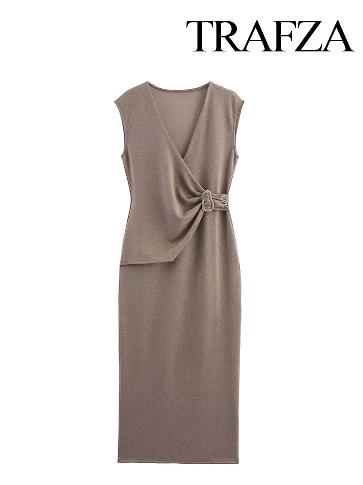 HH Woman Summer Solid Fashion Close-fitting Double Tiled Twill V-neck Dress Women Sleeveless Golden Buttons Midi Dresses