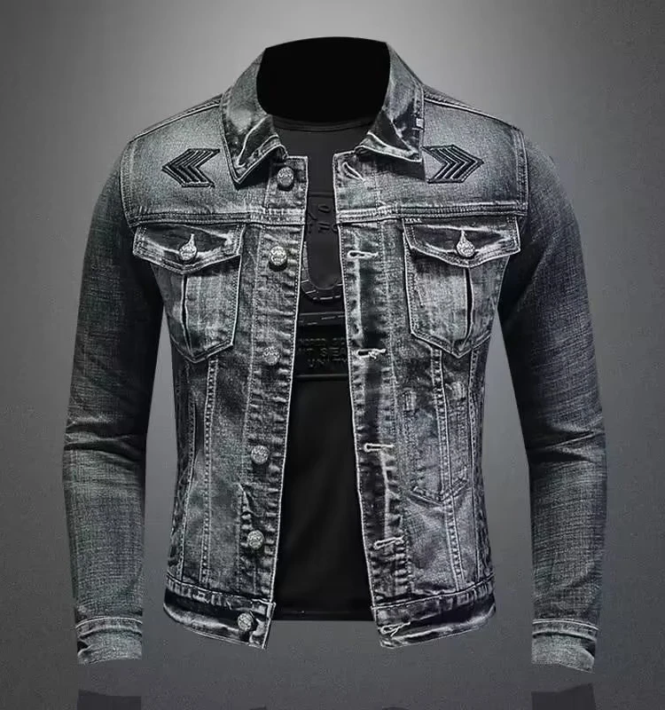 

High-End Retro Slim Fit Men's Denim Jaet Streetwear Motorcycle Workwear Turn-down Collar Jaet Youth Faion Spring Autumn