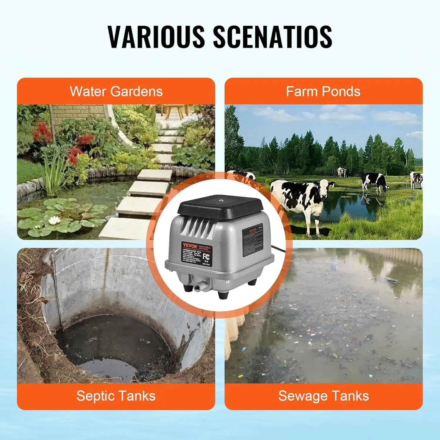 Linear Air Pump, 109L/Min Air Flow Septic Aerator Pump, Aeration System for 1/2 Acre 10 FT Deep Ponds, Water Gardens