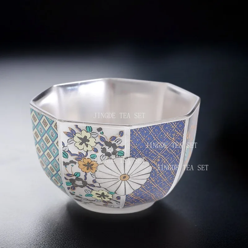 Vintage Enamel Painting Silver Lining Tea Cup Chinese Floral Ocean Wave Pattern Octagonal & Twist Shaped Gongfu Master Teacup