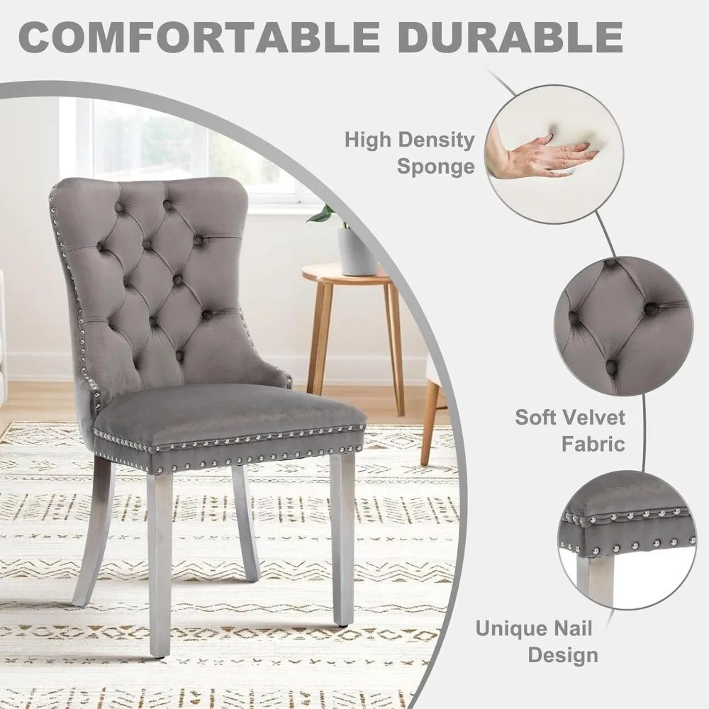 طقم طاولة طعام زجاجية مقاس 51 بوصة لـ 4، طاولة مطبخ زجاجية مستطيلة مع 4 كراسي مخملية منجدة، 5 قطع حديثة #4