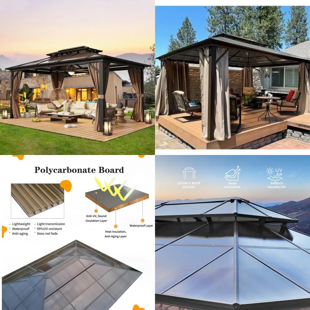 

Альтанка в алюминиевой рамке с твердым верхом и двойной крышей из поликарбоната на открытом воздухе, шторами и сеткой для постоянного использования в павильонах