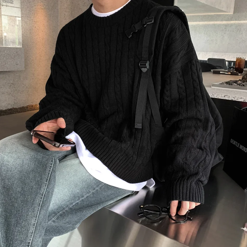 2025 Autumn Winter New Men Versatile Round Neck Long Sleeve Top Black Inner Layer Base Shirt Loose Trendy Knitwear