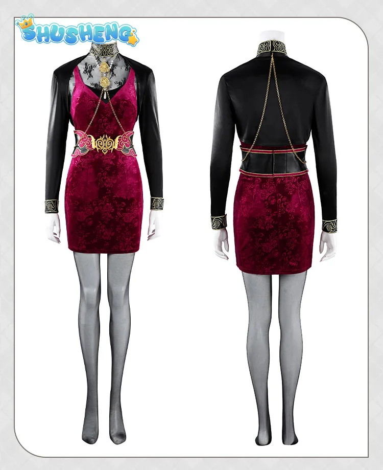 Ada Wong 30th anniversary Resident Evil Game Biohazard Cosplay Costume Halloween women man sexy gold velvet dress shoes suit view 5