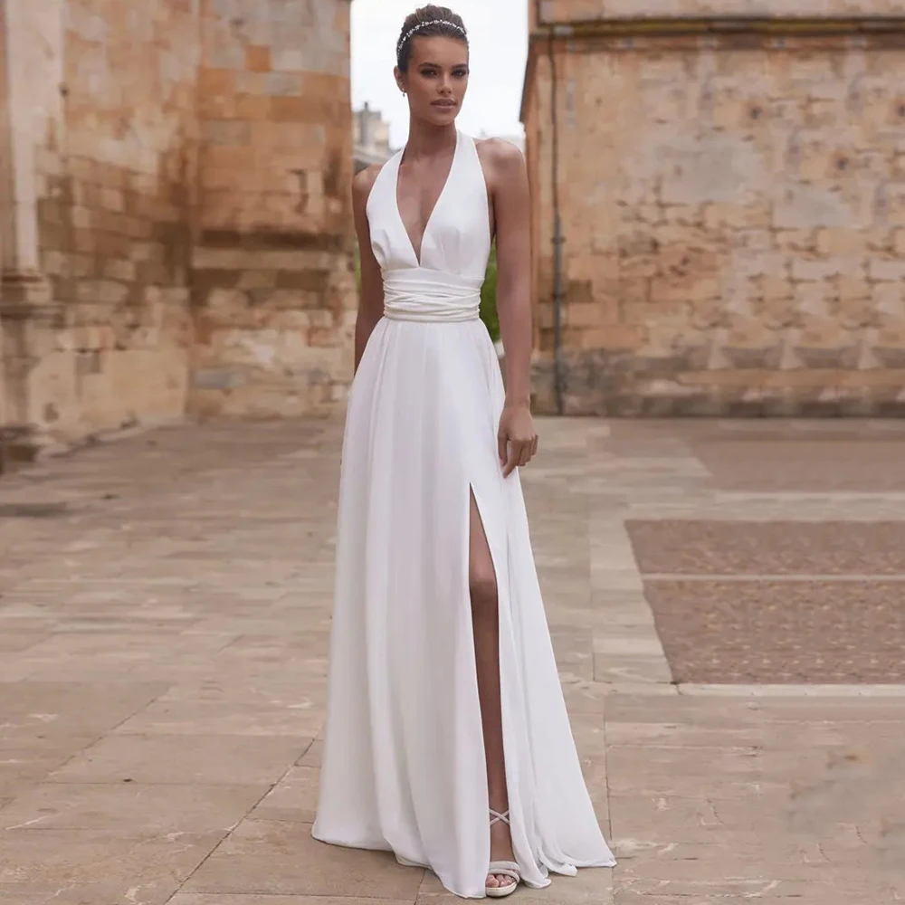 

Bohemian Chiffon V-Neck Wedding Dress Bride Customized Sleeveless Side Slit Jersey Backless Pleats Bridal Gowns with Sweep Train