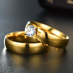 Gold Color Wedding Bands Ring Big Cubic Zircon Couple Rings Stainless Steel for Men Women Engagement Charm Jewelry Wholesale