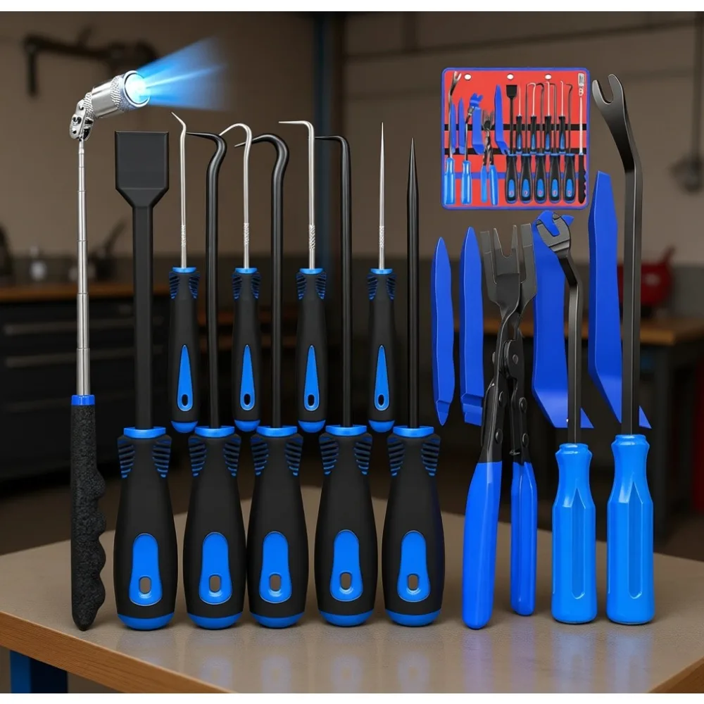 

17 Piece Hook Pick Set Trim Removal Clip Plier Gasket Scraper Magnetic Pickup Tool for Car Door Panel Fastener