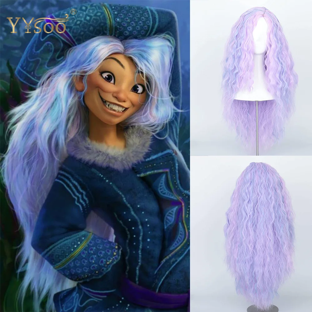 YYsoo Long Blue Highlights Pink Synthetic Hair Cosplay Wigs for Women Side Part Anime Wig Kinky Straight Halloween Yaki Wig