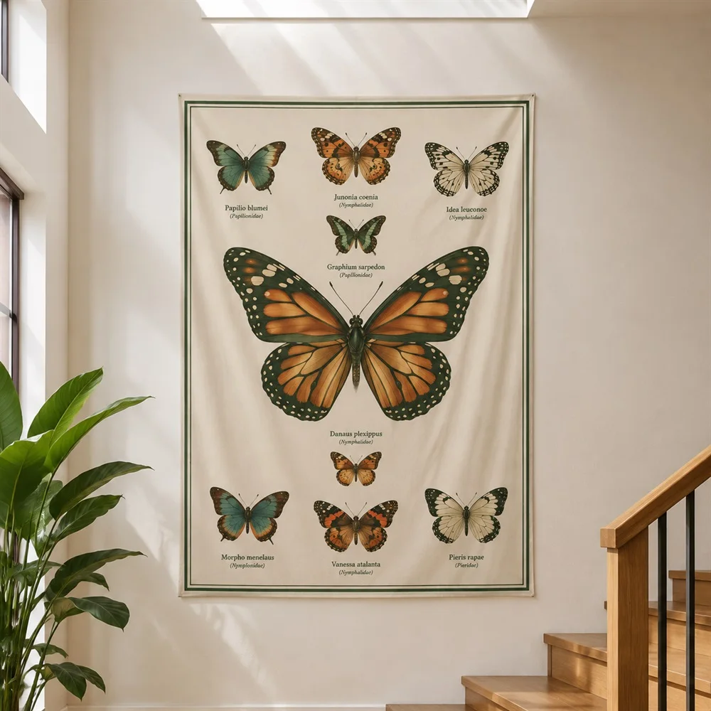 VIKAMA Butterfly Specimen Tapestry Wall Hanging, HD Print Washable Wall Art, Vintage Decor for Bedroom Study Living Room Nursery