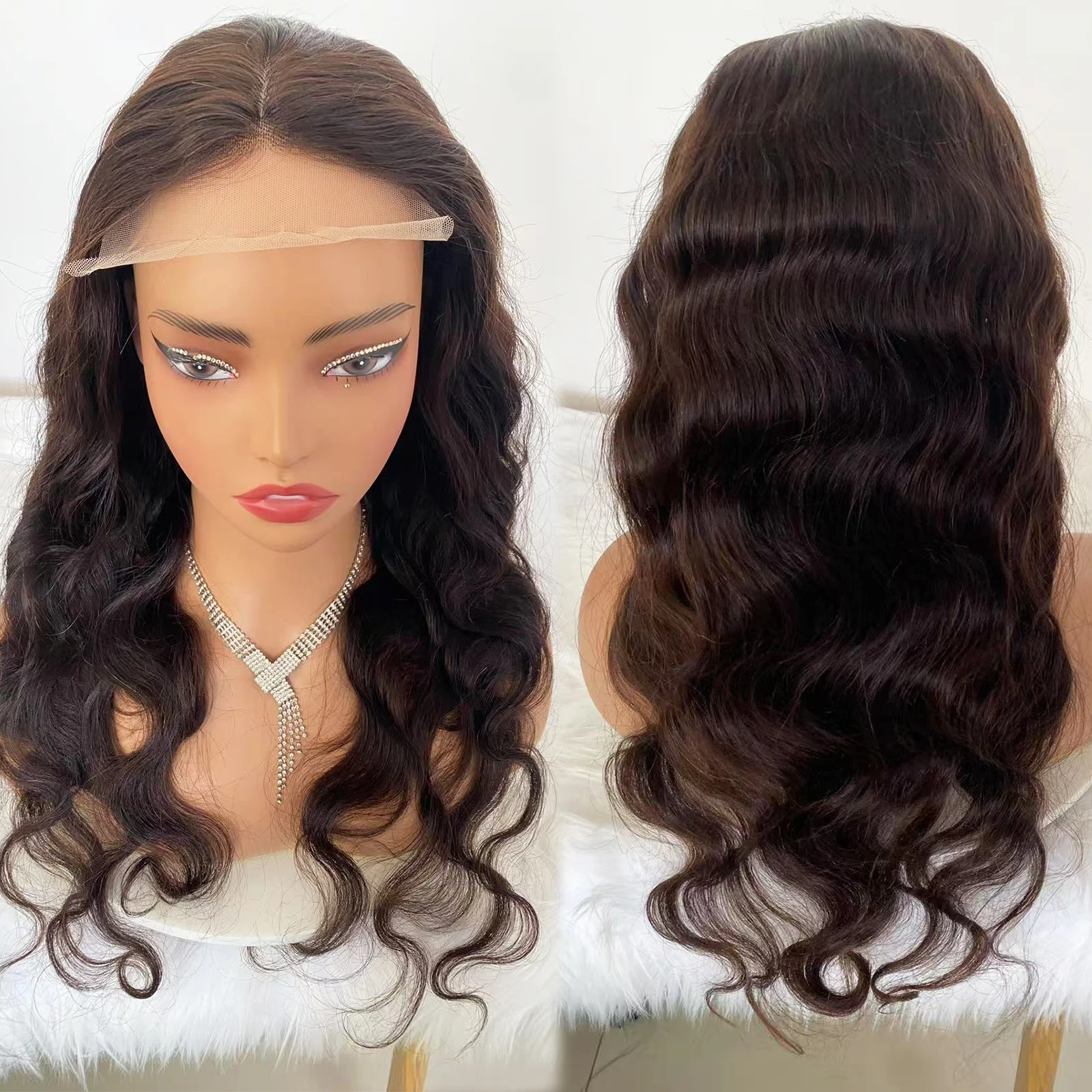

180% Density Human Hair Topper Women's Body Wave Remy Human Hair Toupee with Clips in Dark Brown Lace Front Natural Scalp Top