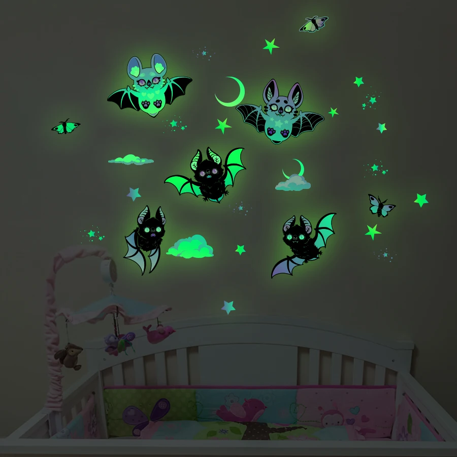 Glow-in-the-Dark Bat & Stars Window Clings - Night Stickers Home Decor Removable Cartoon Window Decals For Bedroom Nursery Decor