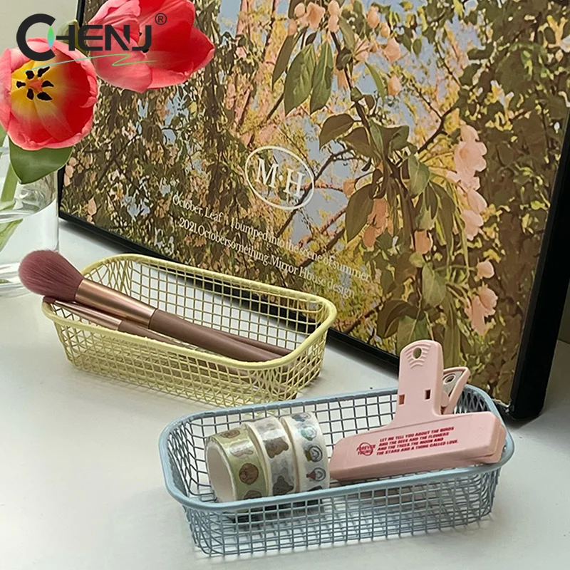 Metal Storage Basket Desktop Sundries Organizer Make Up Sorting Holder Stationerry Photocards Case Office Home Supplies