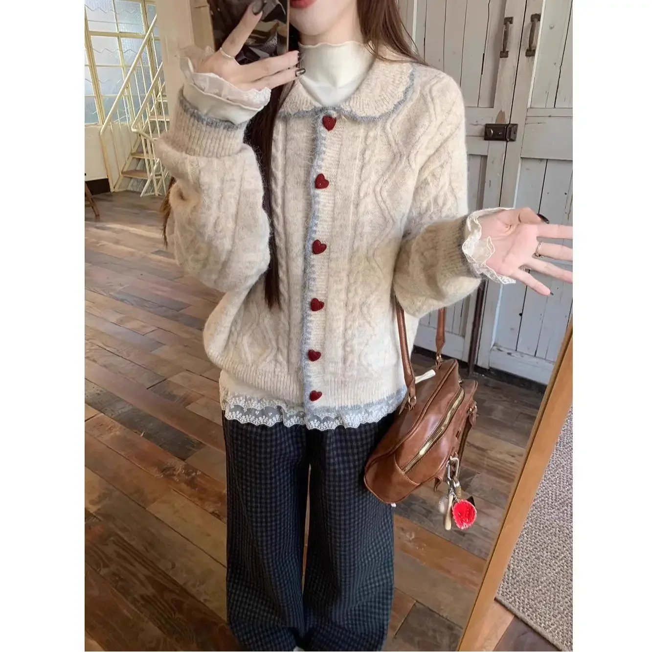 

Winter New Style Soft Cozy Women's Open Cardigan Fashion College Sty Loose Long Sleeve Knitted Sweater Doll Collar Twist Pattern