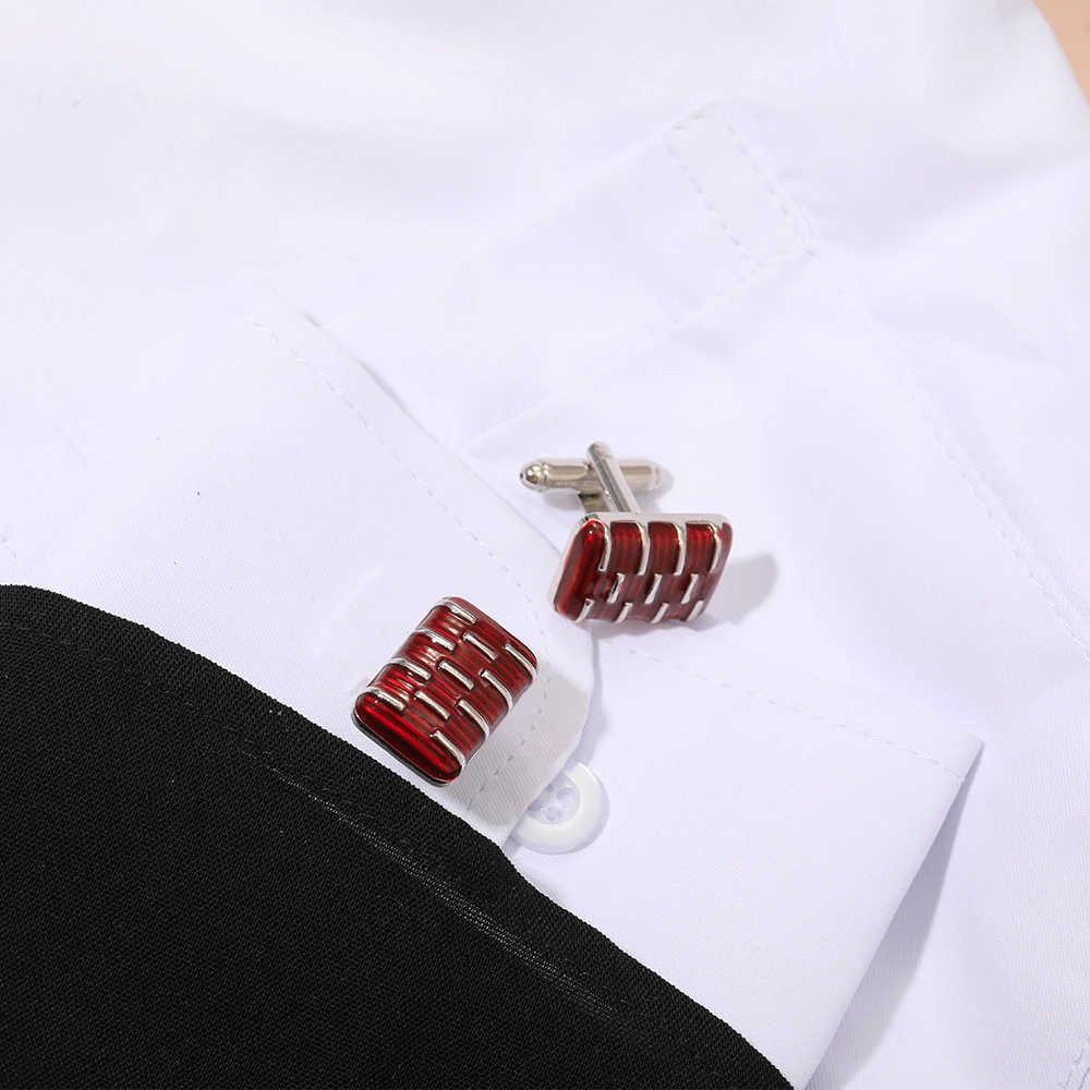 Wholesale Rectangle Mens Cufflinks Red Oblong Stripe Cuff Links Tuxedo Shirts Business Wedding Silver Tone Personality Gift