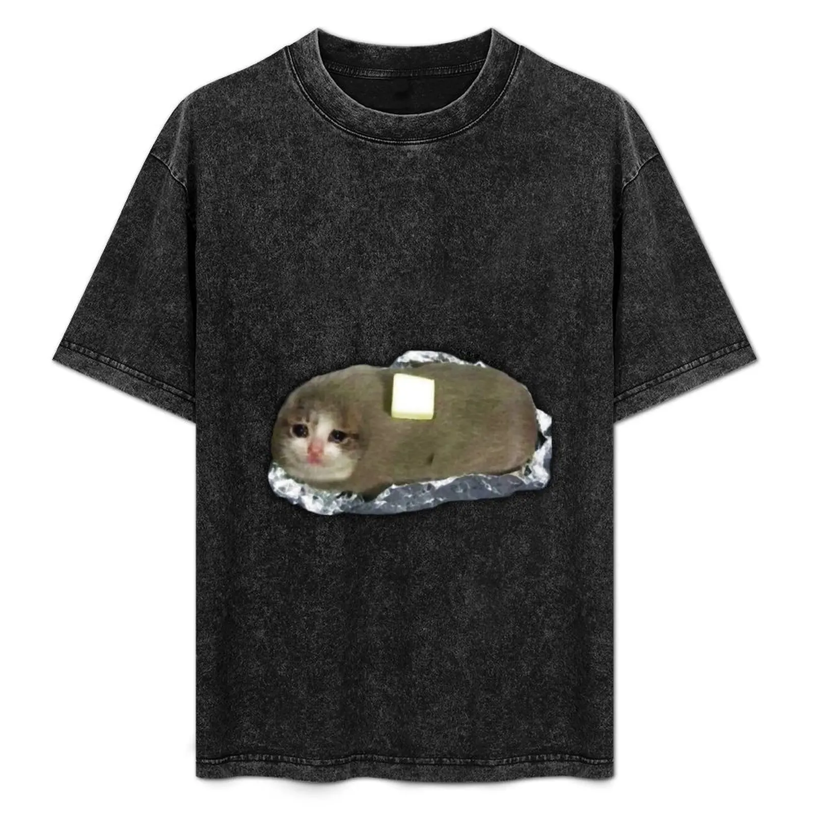 Camiseta con estampado de gato triste con patatas fritas y mantequilla, camiseta para fiesta navideña para hombre