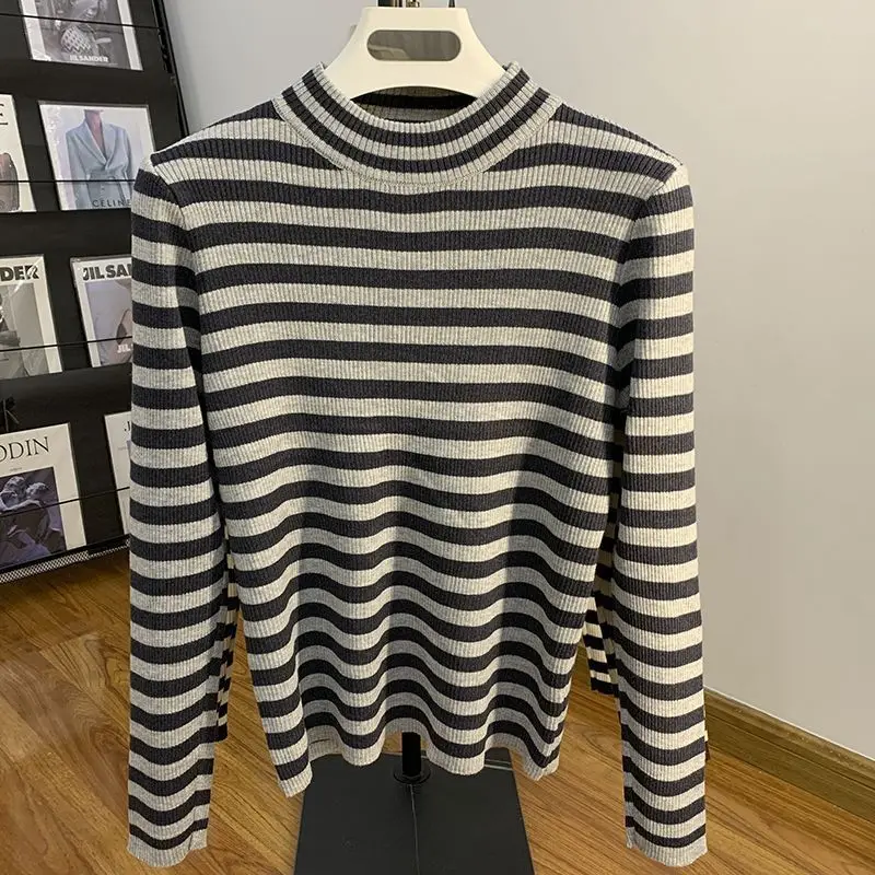 Plus Size Women Mock Neck Long Sleeve Top Autumn Winter Dralon Striped Warm Base Shirt Fat Mom Inner Wear T Shirt S 6XL view 4