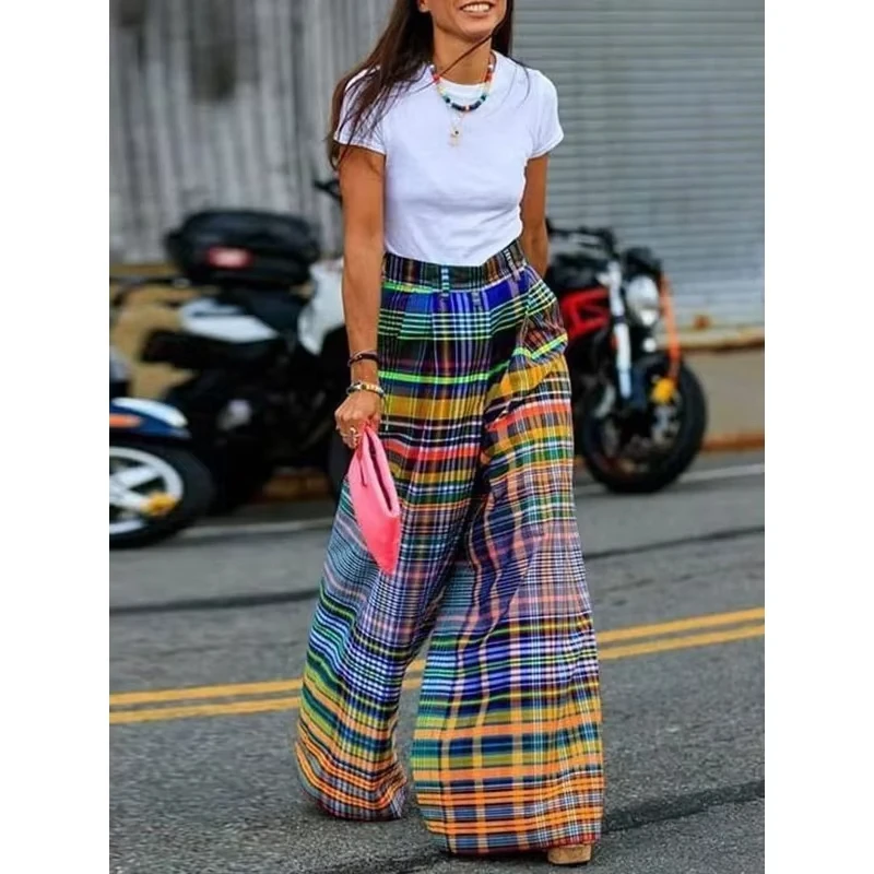 

Freeacy Women's Vintage Multicolor Plaid Wide Leg Pants Hight Waist Loose Casual Bottoms for Female Summer Plus Size Trousers