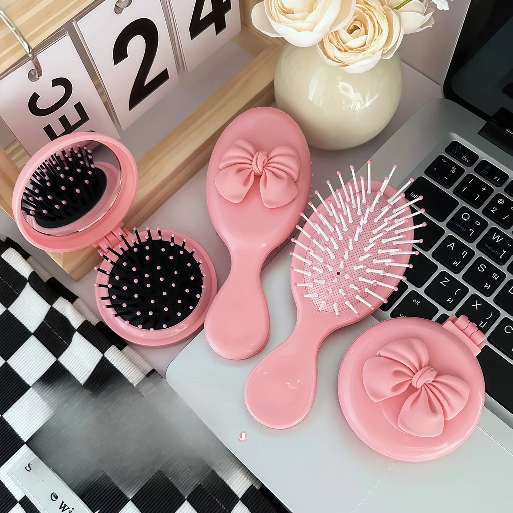 2Pcs/set Pink Hair Comb With Mirror Foldable Comb Travel Massage Women Girl Hair Brush Pink Bowknot Comb Styling Tools Gift