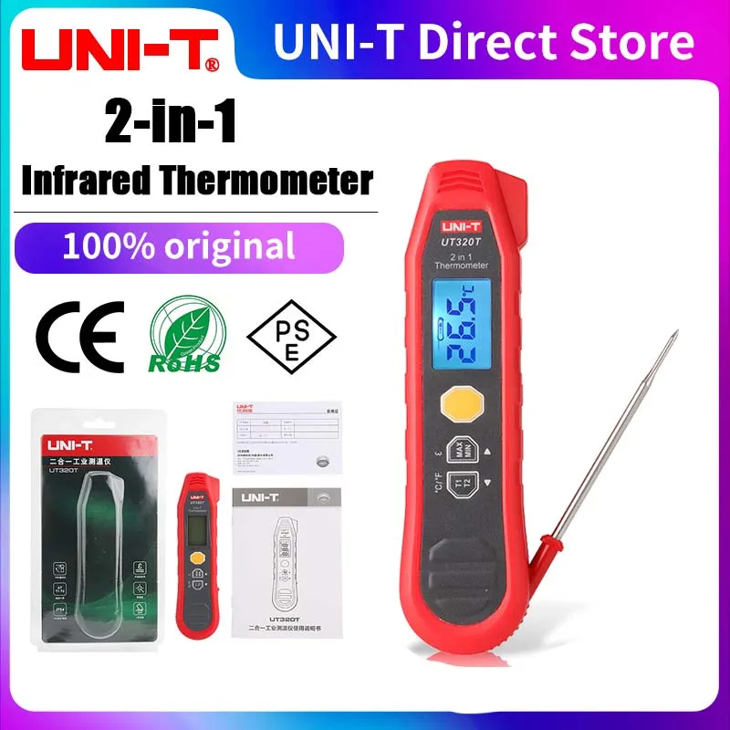 UNI-T UT320T 2-in-1 Thermometer Industry Infrared and Probe Measurement High Accuracy Industrial Thermometers Backlit LCD.