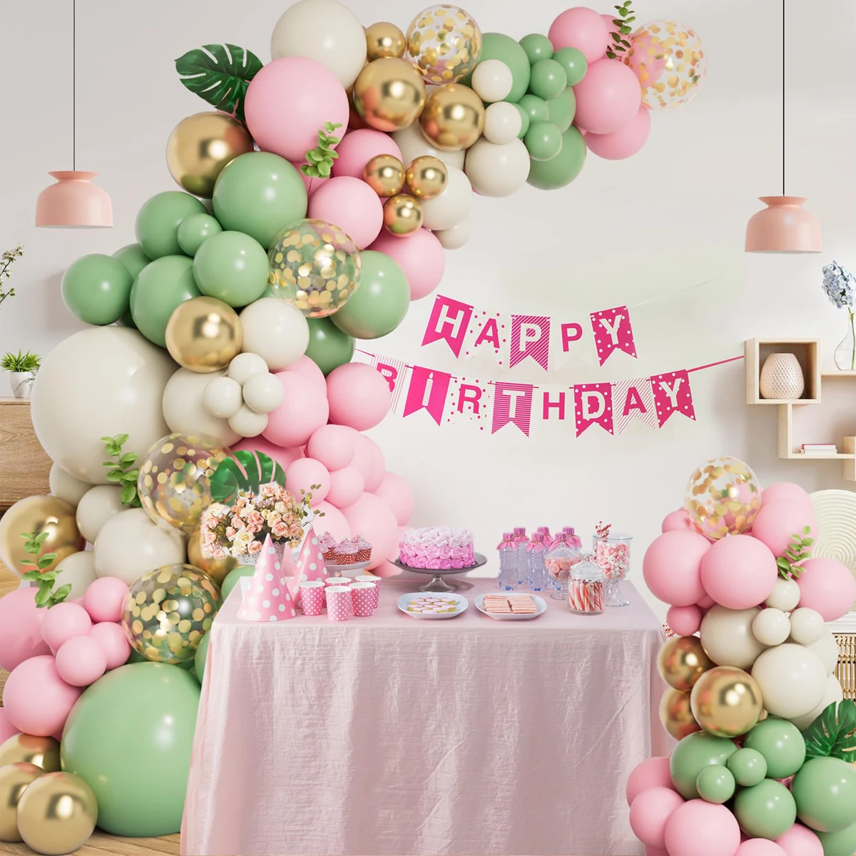 109 Pcs Green White Pink Theme Arch Garland Gold Metal Latex Balloons Baby Shower Kids Girl Birthday Party Decoration Background