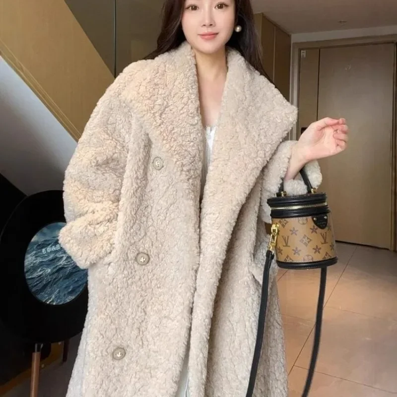 Winter 2024 New Lamb Fur Coat Female Fur One Network Red Explosive Lapel Thick Long Coat Pure Color Faux Fur Winter Jacket Women