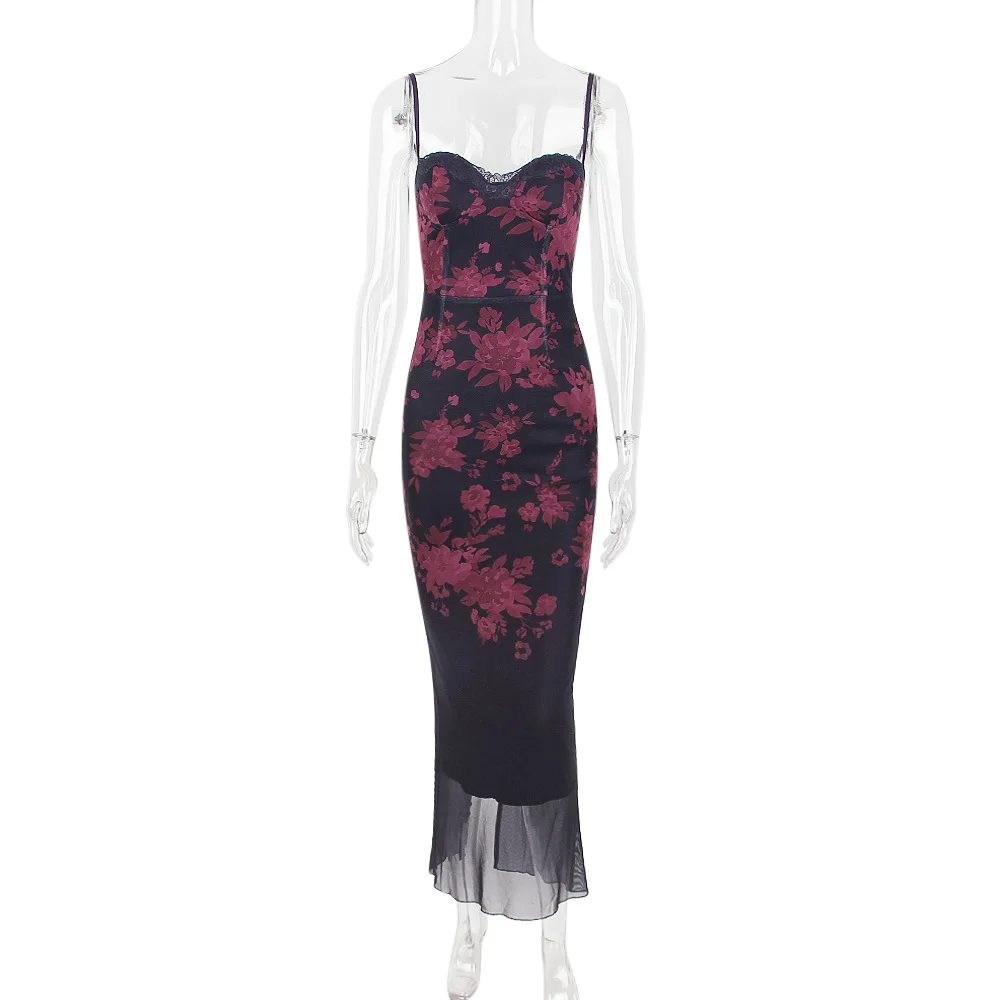 Women's Lace Red Floral Printed Maxi Dress Wrap Chest Strap Sexy Backless Slim Elegant Robe Ladies Clubwear Vestidos