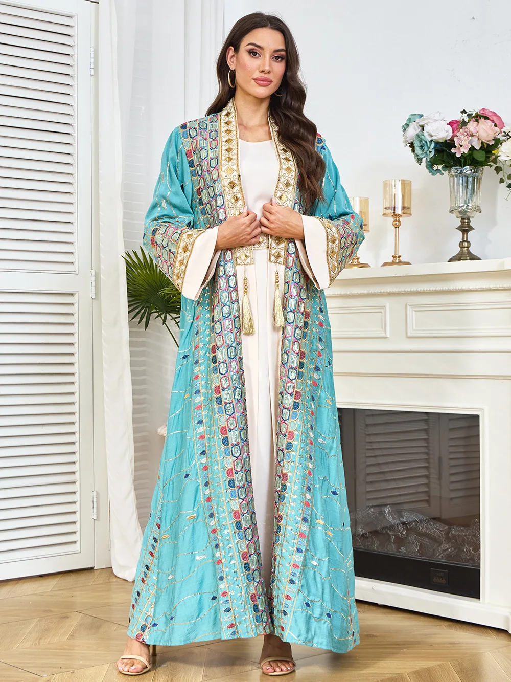 

Sequin Embroidered Dress Muslim Women Maxi Dress Ramadan Turkey Islam Women Robe Set