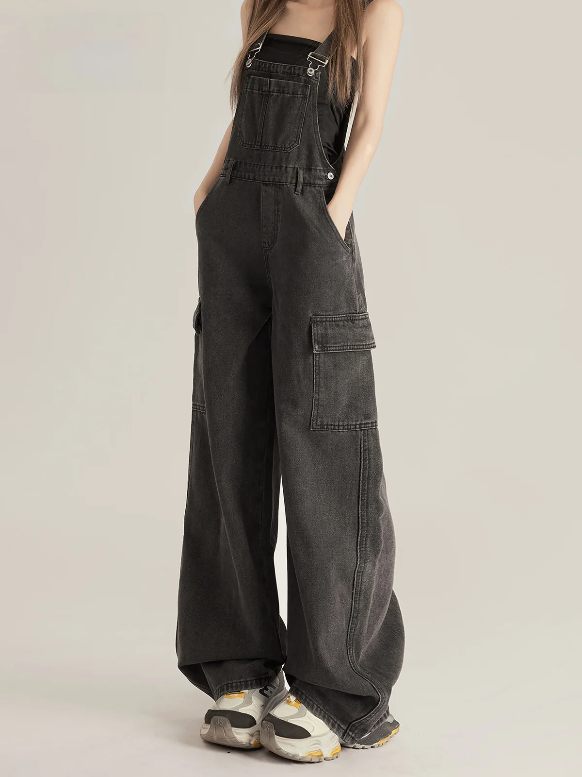 Retro'owe ogrodniczki jeansowe damskie na wiosnę i jesień, nowy model, szerokie nogawki, spodnie robocze, wysoki stan, zapinane na zamek, wygodne jeansy.