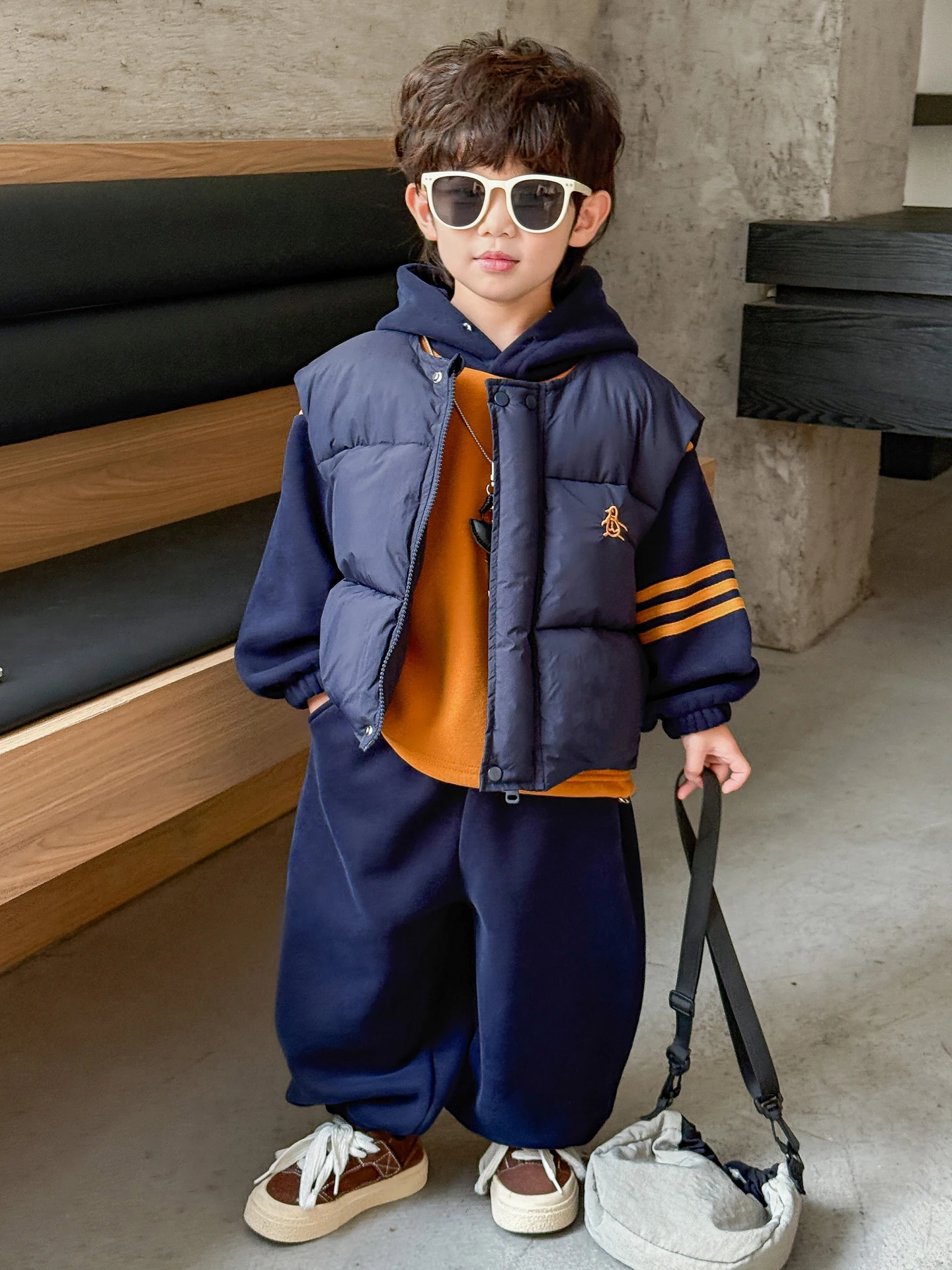 

Children's Winter Fce Lined Thiened Tee Piece Set Sli Boys Cotton Vest Casual Sportswear Teenagers Faionable Outfit