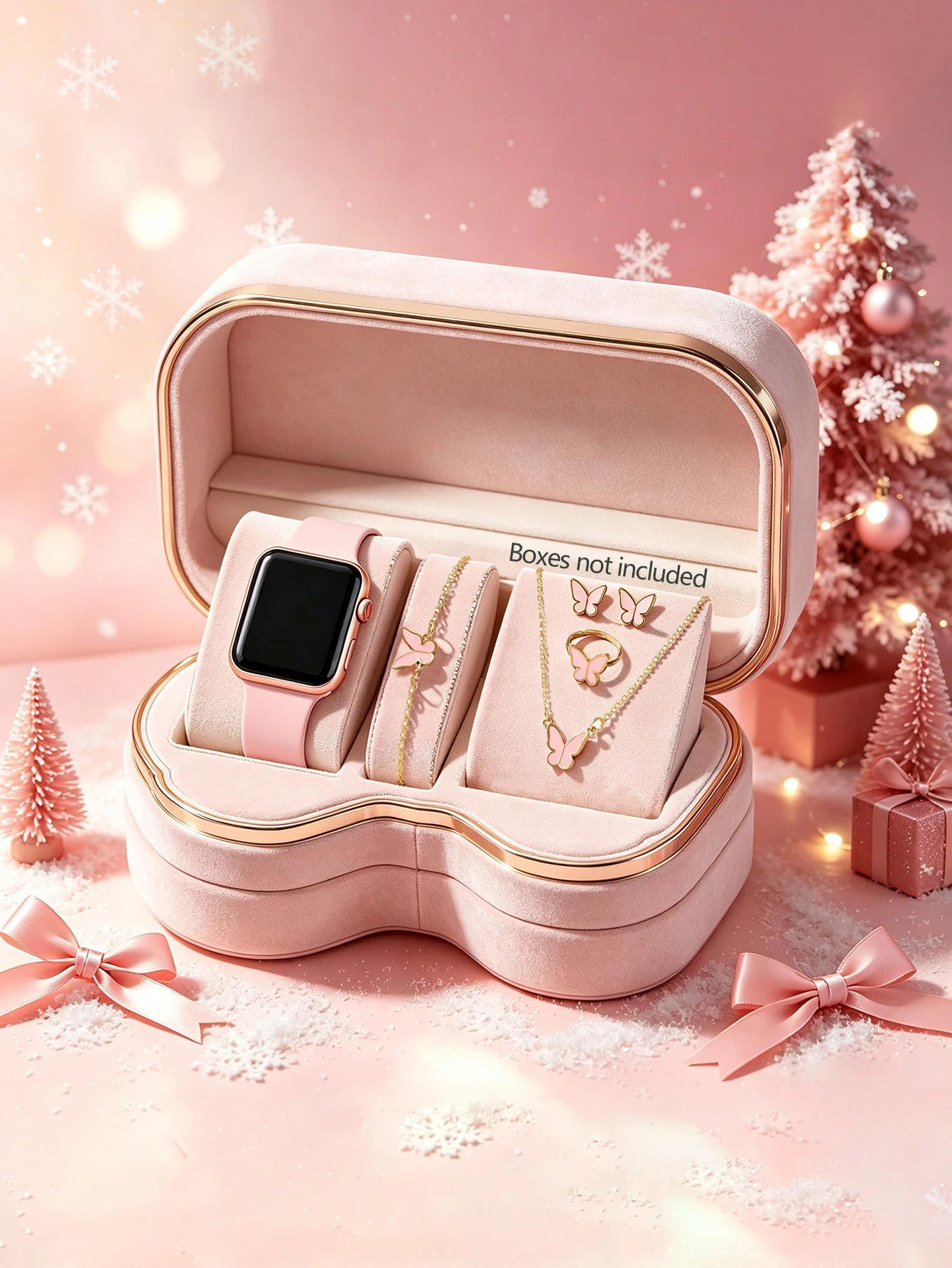 Fashion Minimalist LED Square Electronic Watch with Butterfly Bracelet Necklace Ring Earrings Set Christmas Holiday Gift