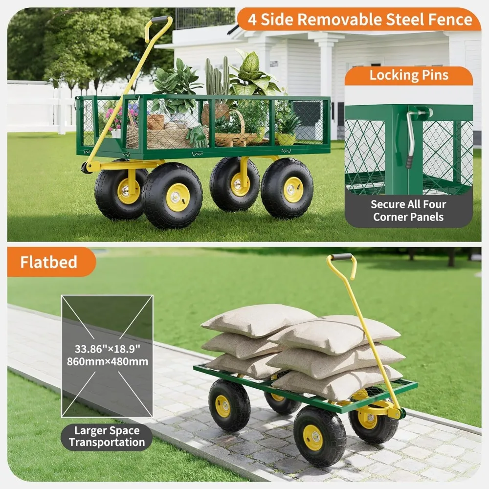 Heavy-Duty 500 Lbs Capacity Garden Cart with 10 Inch Tires, Removable Mesh Sides, 180° Rotation for All-Terrain Use