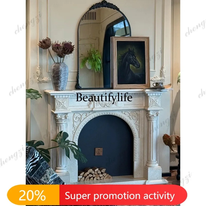 N178 Marble fireplace European retro carved fireplace living room beige stone fireplace decoration