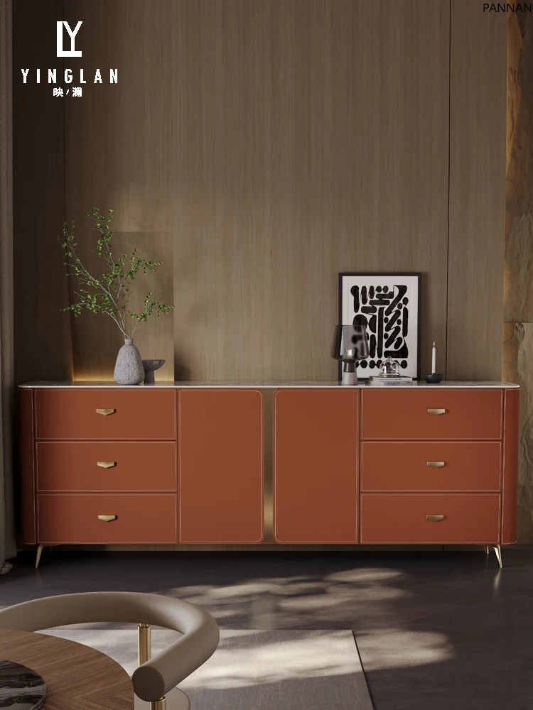 

Saddle leather dining side cabinet Rock slab dining side cabinet Large capacity Italian light luxury storage cabinet