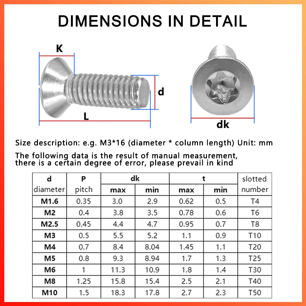 M2 M2.5 M3 M4 M5 M6 304 Stainless Steel A2-70 GB2673 Six-Lobe Torx Flat Countersunk Head Screw Bolt Machine Screws 5pcs-155pcs