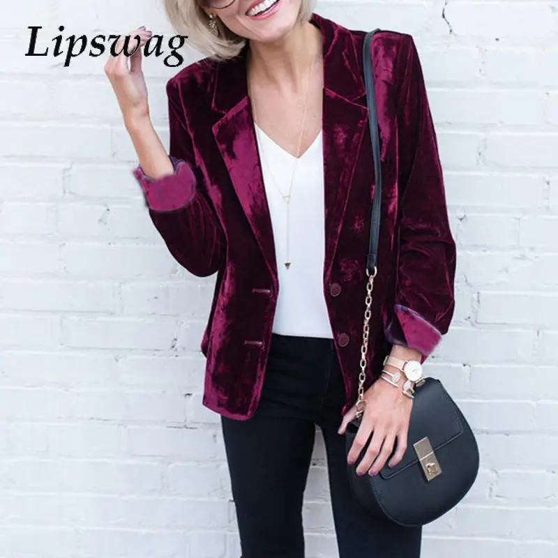 Office Ladies Golden Velvet Slim Blazer Women Elegant Notch Collar Straight Commuter Jackets New Temperament Long Sleeve Outwear