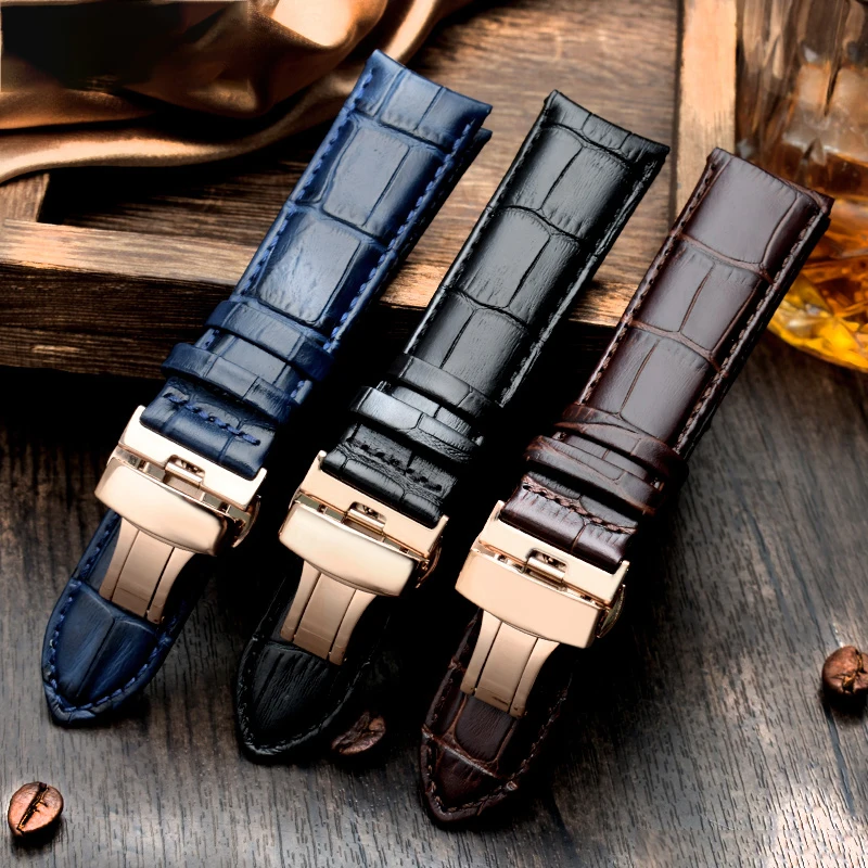 Curved Cowhide Strap For GP VC Jaeger-LeCoultre Men's Watch Band Butterfly Buckle Style Bracelet 20 21 22mm Waterproof