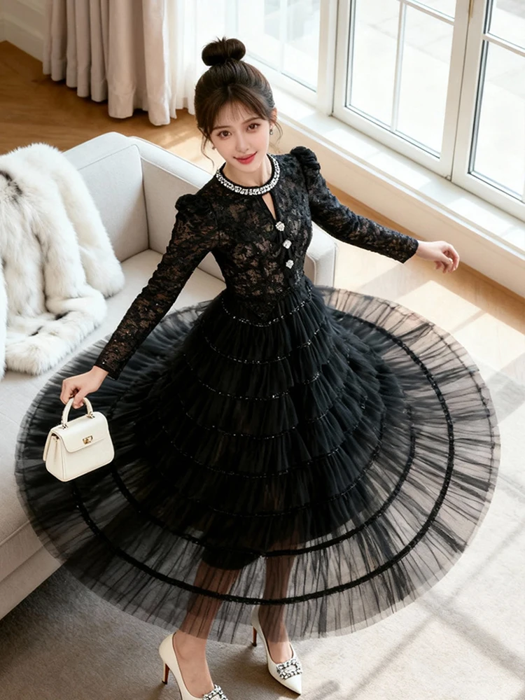 

Women Black Gown Evening Lace Long Sleeve Slim Midi Mesh A-Line Dress Elegant Lady Formal Party Birthday Robe Vestidos Fashion