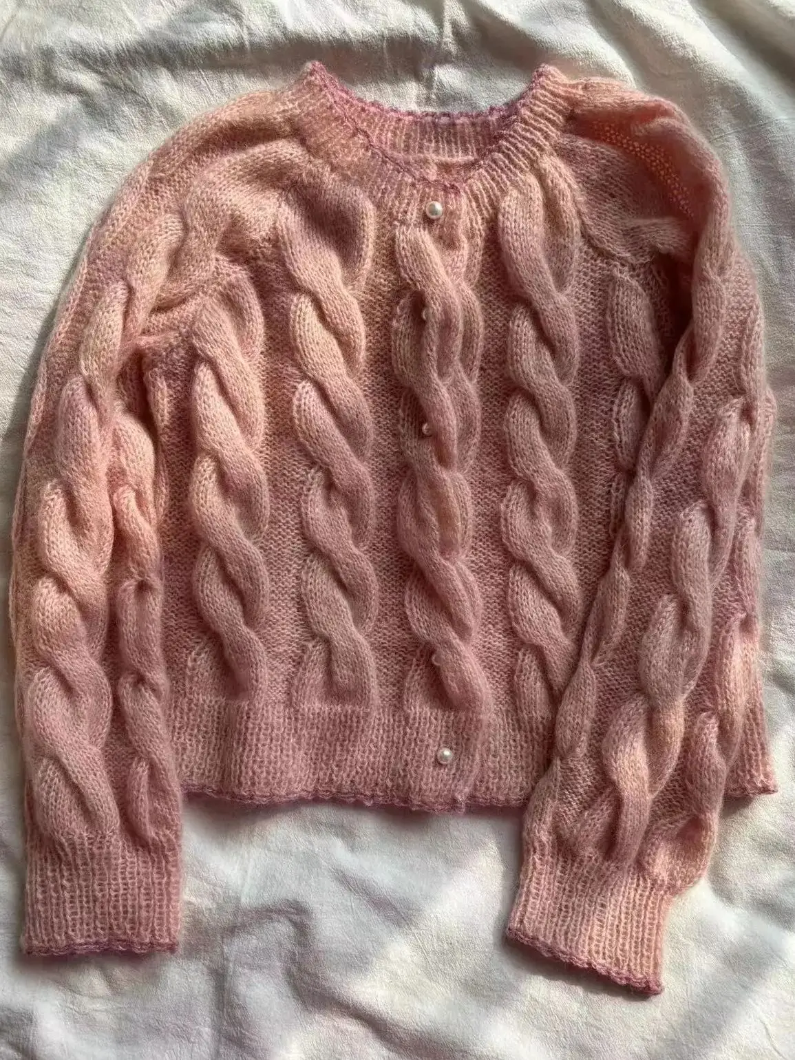 Maglione casual in mohair da donna, vestibilità ampia, giacca a maniche lunghe, top in tessuto fatto a mano, rosa chiaro, delicato e femminile