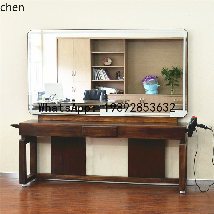 H1  Barber Shop Hair Shop Mirror Table Retro Floor Desktop Double-sided Mirror Solid Wood Trend Shop
