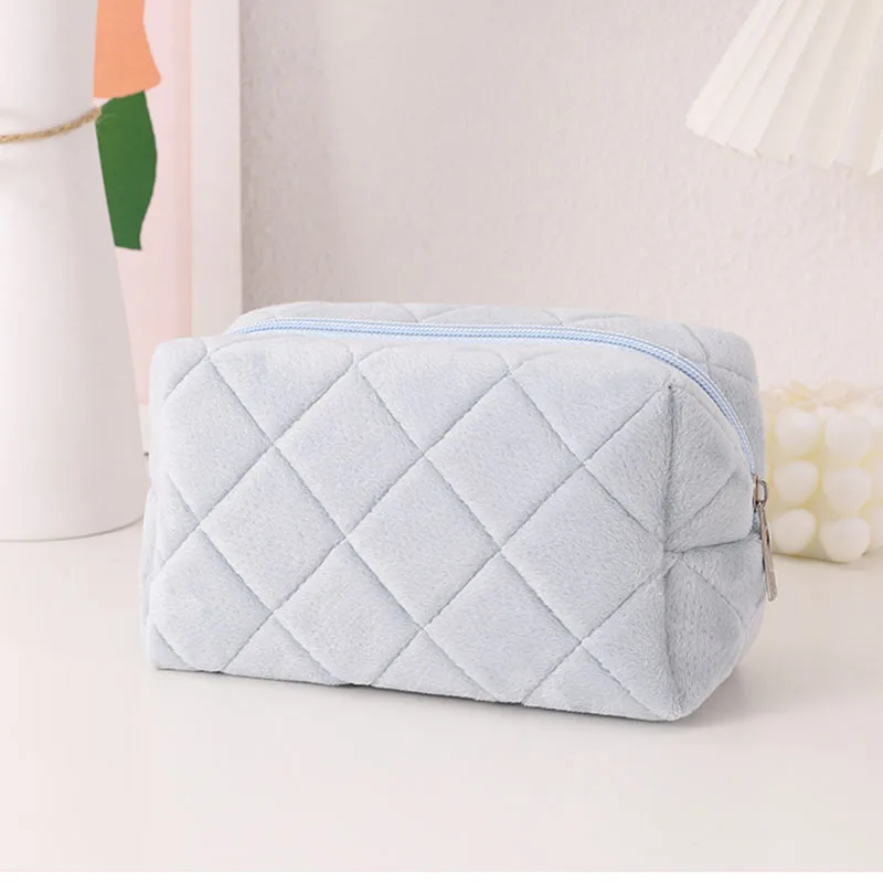 Necessaries Solid Color Plaid Makeup Bag for Women Girls Soft Plush Travel Cosmetic Bag Organizer Case Cute Lady Make Up Case