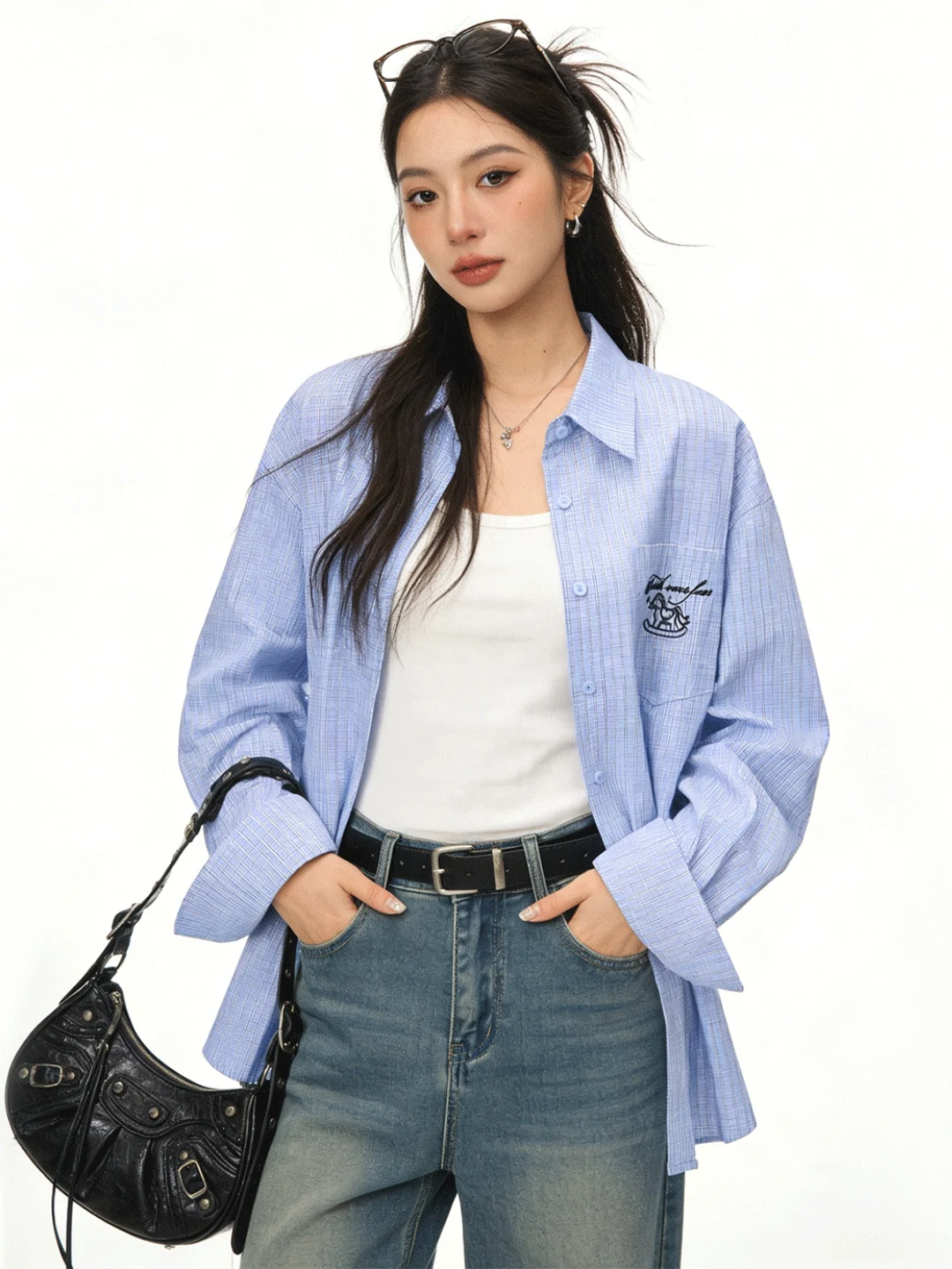 

Early Spring Korean Sle Fre Blue Plaid Casual Loose Embroidered Motif Versatile Lazy Sun Protection irt for Women