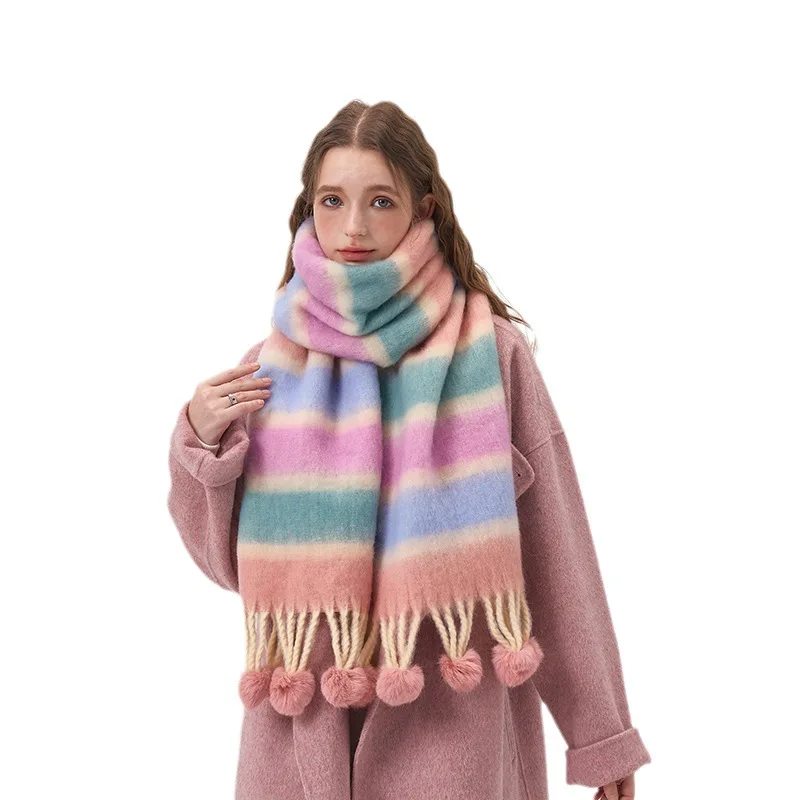 Colorful Striped Winter Scarf for Women Hairball Pashmina Scarves Wraps Female Thick Soft Bufanda Big Tassels Shawl Long Stoles