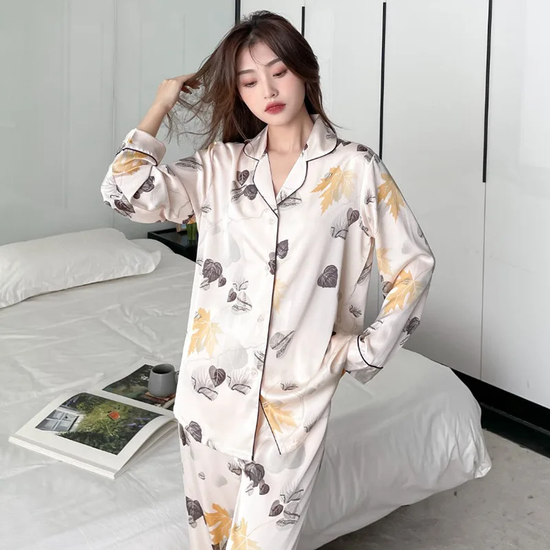 Rayon Pajamas Suit Print Floral Female 2PCS Shirt&Pants Nightwear Lounge Home Clothes Sleepwear Intimate Lingerie Homewear