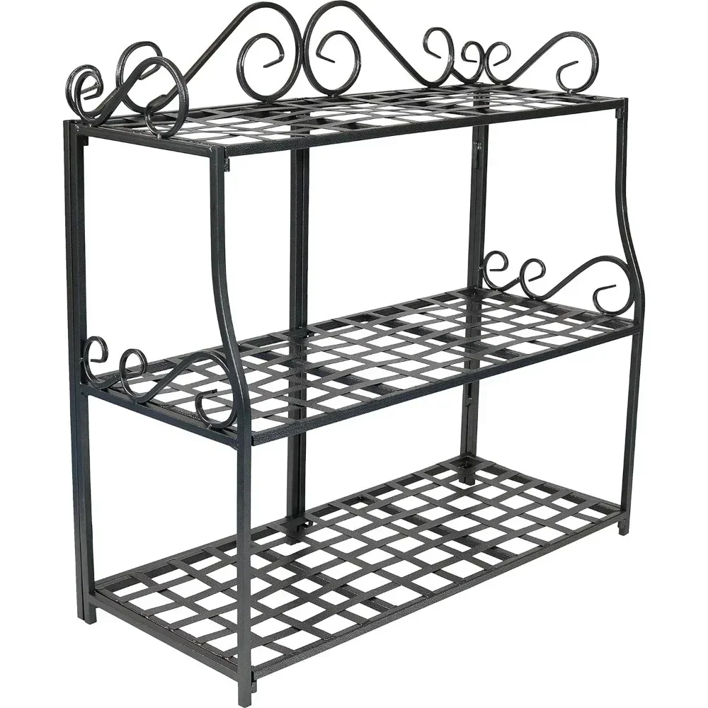 3-Tier Metal Iron Plant Stand With Scroll Design Shelf Outdoor Furniture