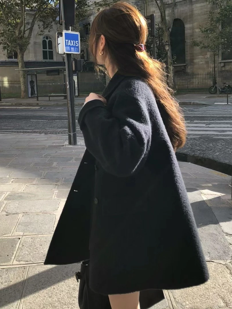 

Шерстяное пальто в стиле K-Drama, женское нежное теплое двубортное пальто с лацканами, пышная верхняя одежда Long Sve Commute Pure Color
