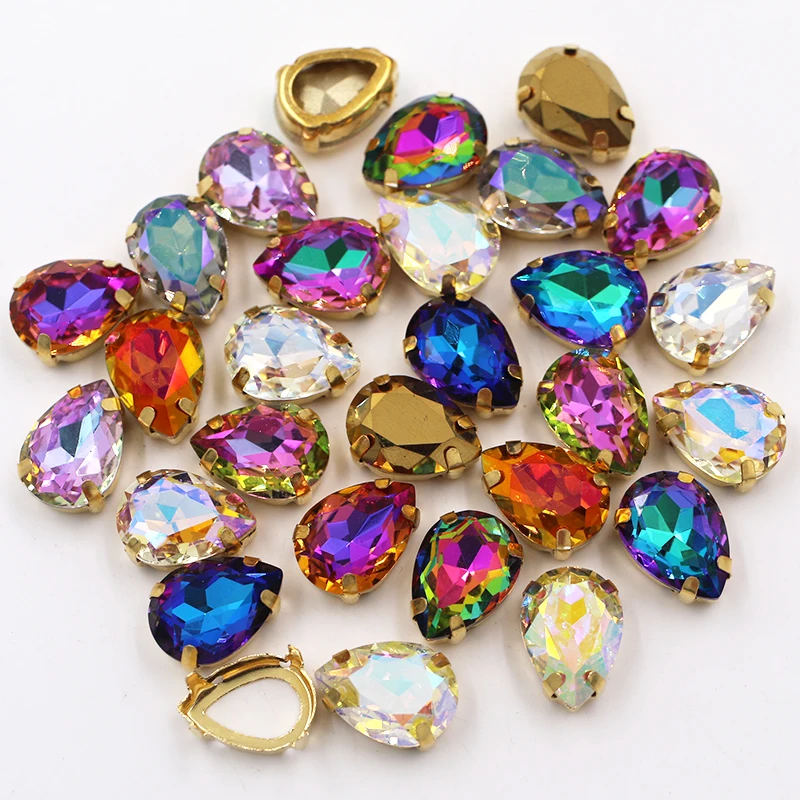 New arrivals Teardrop shape K9 glass crystal sew on rhinestones with gold Hollow frame DIY Handicrafts/clothing