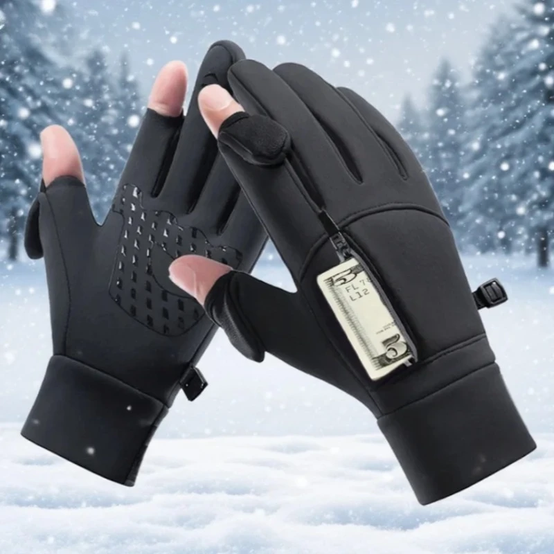 

1 пара зимних теплых перчаток с сенсорным экраном - водонепроницаемые ветрозащитные перчатки с двумя пальцами для езды на велосипеде, катания на лыжах и рыбалки, черные перчатки