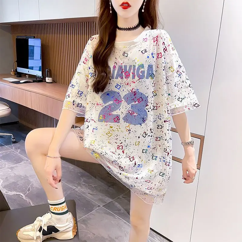 2024 Summer T Shirt Women Korean Style Mid-length Tops Mesh Stitching Fake Two-piece Short-sleeved T-shirt Loose Thin Tshirts