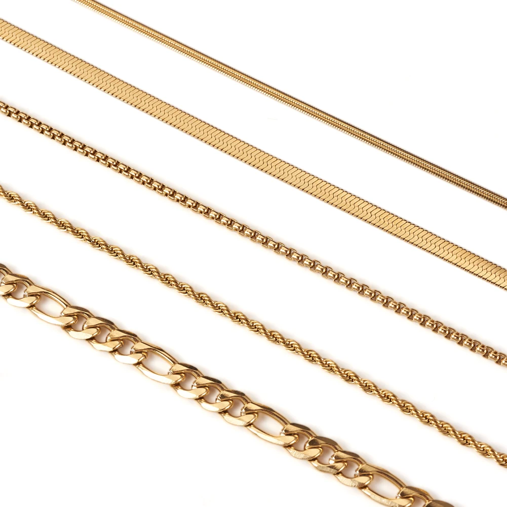 5pcs Golden Stainless Steel Snake & Figaro & Box & Herringbone Chain Necklaces Set Women Men Chic Jewelry Making 45~60.4cm Long