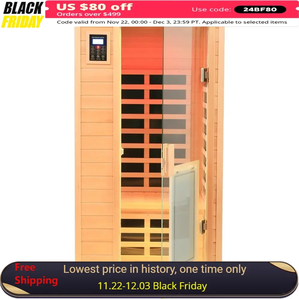 1 Person Low EMF Infrared Sauna, Hemlock Wooden Far Infrared Saunas for Home, 1460W with Bluetooth Speakers, Indoor Sauna Room